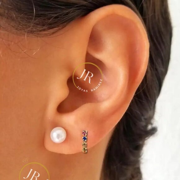 14K Solid Yellow Gold Huggies Hoops ·CZ in Pink, Multicolor, Red, Black and Blue - Picture 2 of 15